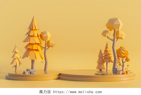 C4D黄色秋天秋季电商展台背景3D立体空间横版插画